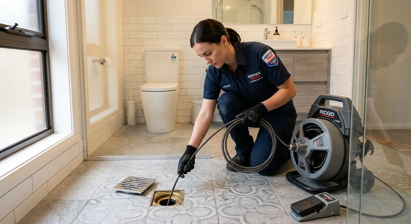 Technician clearing a bathroom floor drain for Sewer Line Installation in Sanford